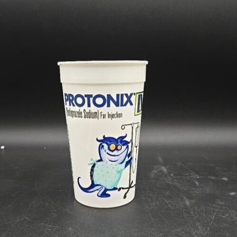 Vintage Protonix Pharmaceutical Promo Cup Blue Mascot Drug‎ Rep Advertising